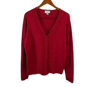 Covington Red Beaded Cardigan Sweater Womens 16/18W Long Sleeve Hook and Eye